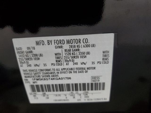 1FM5K8GT4KGA01706 - 2019 FORD EXPLORER SPORT Siyah fotoğraf 13