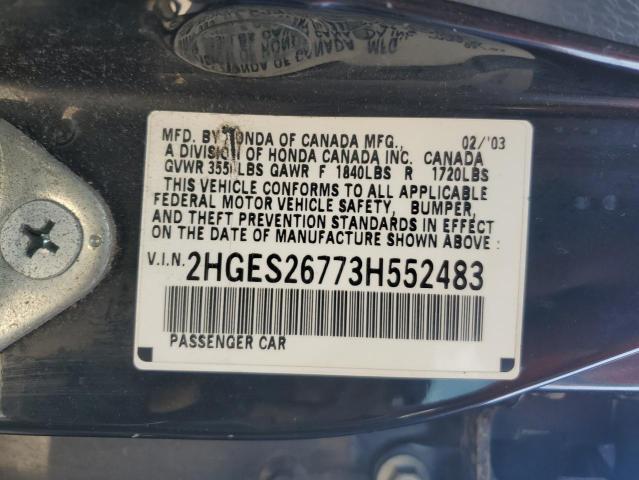 2HGES26773H552483 - 2003 HONDA CIVIC EX BLACK photo 12
