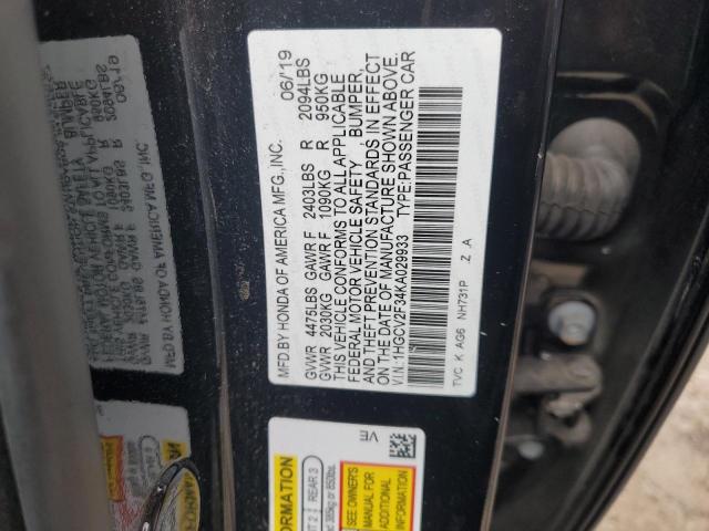 1HGCV2F34KA029933 - 2019 HONDA ACCORD SPORT Negro foto 12