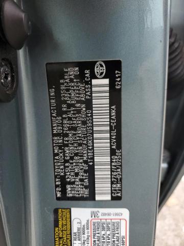 4T1BE46K07U595540 - 2007 TOYOTA CAMRY CE TURQUOISE photo 12