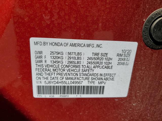 5J8YD4H55LL049567 - 2020 ACURA MDX TECHNOLOGY RED photo 14