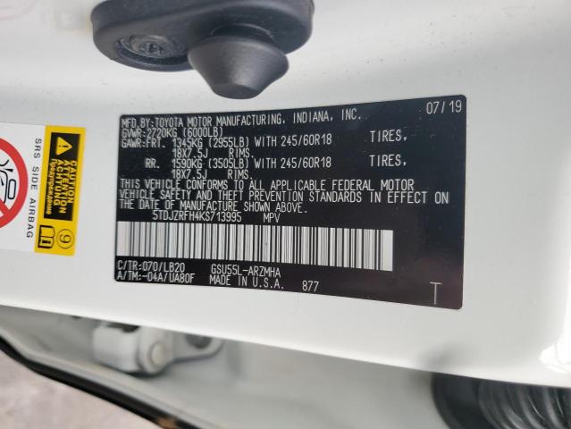 5TDJZRFH4KS713995 - 2019 TOYOTA HIGHLANDER SE 白色 照片 14