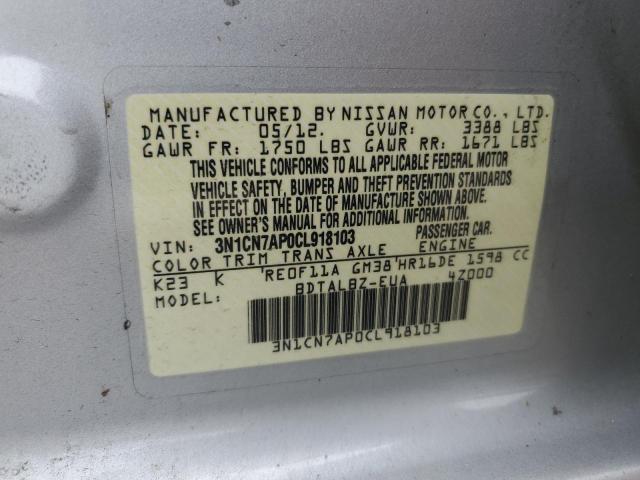 3N1CN7AP0CL918103 - 2012 NISSAN VERSA S Gümüş foto 12