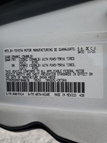 3TYRX5GN9NT040670 - 2022 TOYOTA TACOMA ACCESS CAB Белый фото 12