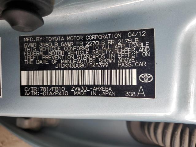 JTDKN3DU8C1545399 - 2012 TOYOTA PRIUS 青绿色 照片 12