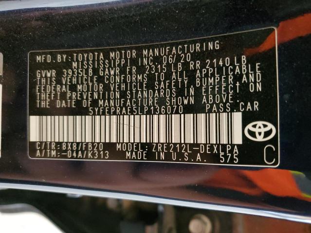 5YFEPRAE5LP136070 - 2020 TOYOTA COROLLA LE BLUE photo 12