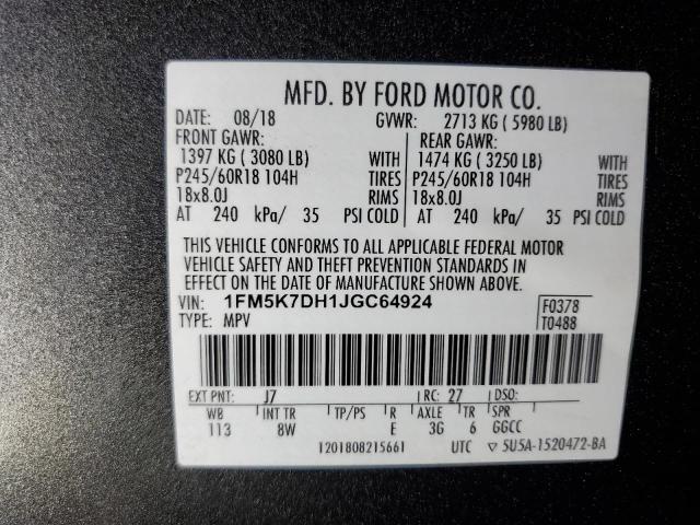 1FM5K7DH1JGC64924 - 2018 FORD EXPLORER XLT Մոխրագույն լուսանկար 14