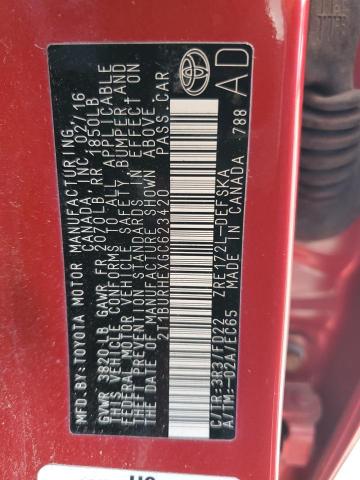 2T1BURHEXGC623420 - 2016 TOYOTA COROLLA L RED photo 12