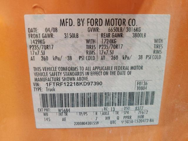 1FTRF12218KD97390 - 2008 FORD F150 ORANGE photo 12