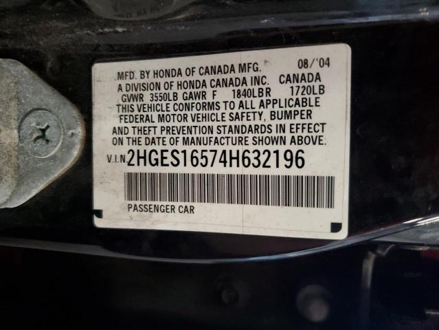 2HGES16574H632196 - 2004 HONDA CIVIC LX შავი ფოტო 13