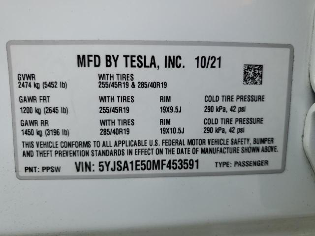 5YJSA1E50MF453591 - 2021 TESLA MODEL S WHITE photo 13