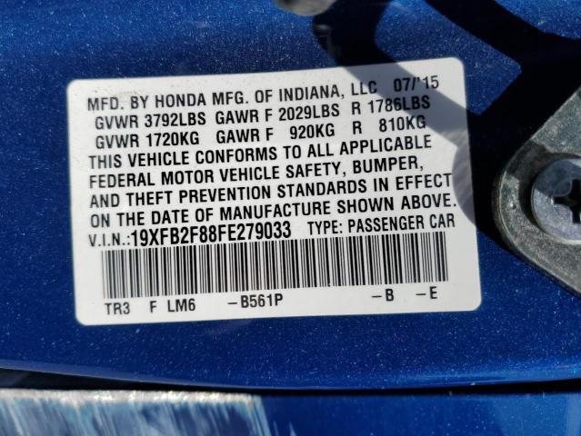 19XFB2F88FE279033 - 2015 HONDA CIVIC EX BLUE photo 12