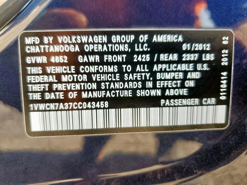 1VWCN7A37CC043458 - 2012 VOLKSWAGEN PASSAT SEL BLUE photo 13