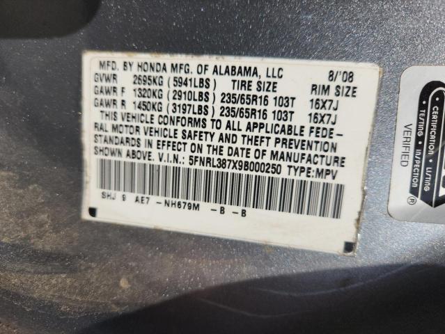 5FNRL387X9B000250 - 2009 HONDA ODYSSEY EXL SILVER photo 13