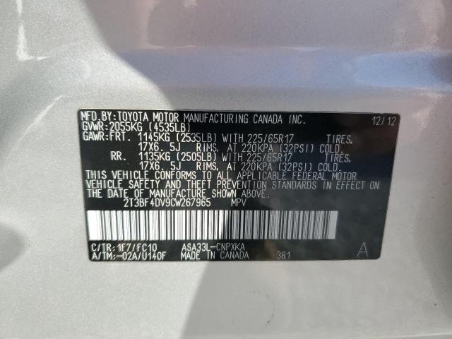 2T3BF4DV9CW267965 - 2012 TOYOTA RAV4 SILVER photo 13