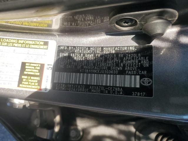 4T1B11HKXJU103630 - 2018 TOYOTA CAMRY L ნაცრისფერი ფოტო 12