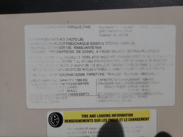 4YDF30525HA742599 - 2017 KEYSTONE MONTANA 米色 照片 10