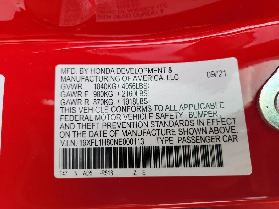 19XFL1H80NE000113 - 2022 HONDA CIVIC SPORT TOURING Qırmızı foto 13