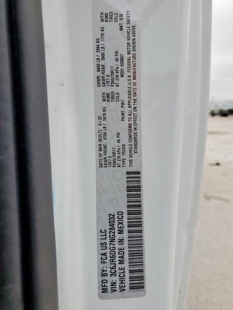 3C6JR6DG7NG284032 - 2022 RAM 1500 CLASS TRADESMAN Білий фото 13