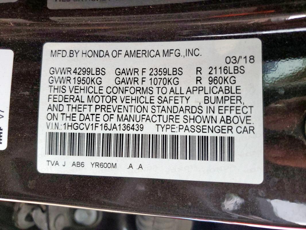 1HGCV1F16JA136439 - 2018 HONDA ACCORD LX 黑色 照片 12