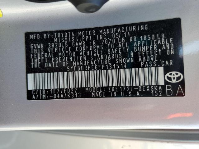 5YFBURHE6EP131514 - 2014 TOYOTA COROLLA L SILVER photo 12