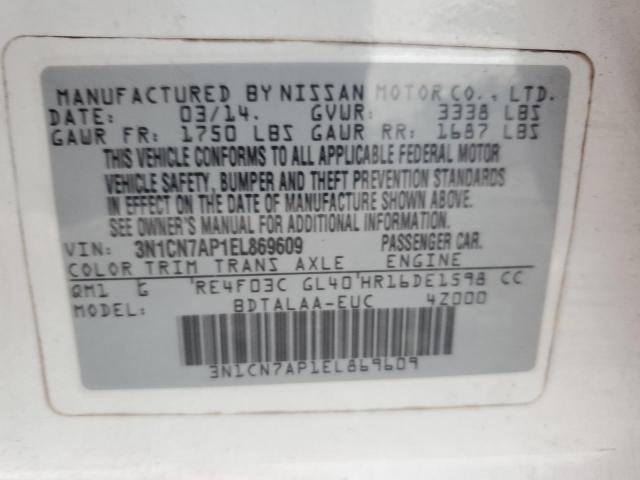 3N1CN7AP1EL869609 - 2014 NISSAN VERSA S WHITE photo 12