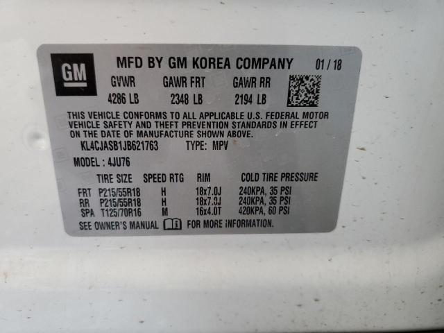 KL4CJASB1JB621763 - 2018 BUICK ENCORE PREFERRED WHITE photo 13