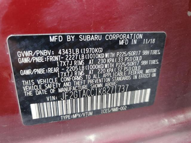 JF2GTACC1K8271737 - 2019 SUBARU CROSSTREK PREMIUM Bordeaux Foto 13