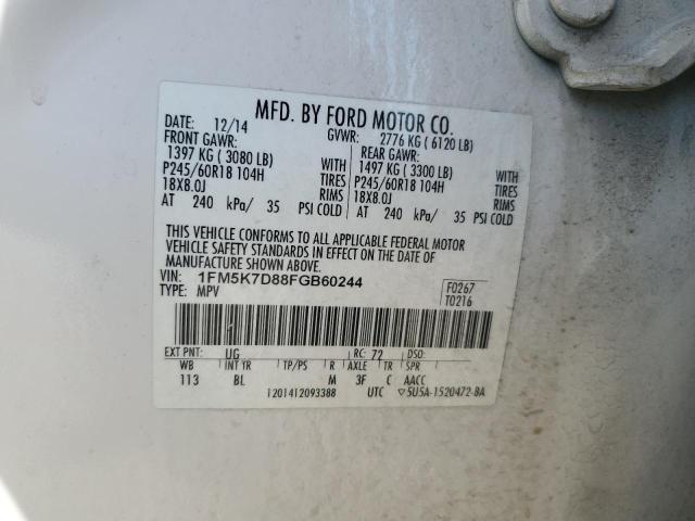 1FM5K7D88FGB60244 - 2015 FORD EXPLORER XLT WHITE photo 14