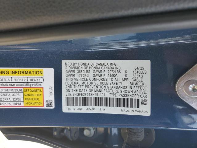 2HGFE2F51SH591191 - 2025 HONDA CIVIC SPORT Mavi foto 12