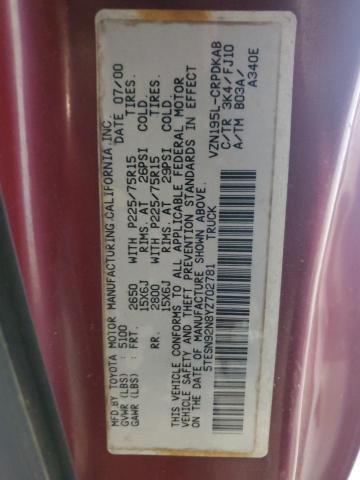 5TESN92N8YZ702781 - 2000 TOYOTA TACOMA XTRACAB PRERUNNER Бордовий фото 12