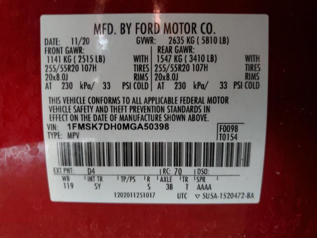 1FMSK7DH0MGA50398 - 2021 FORD EXPLORER XLT Rot Foto 13