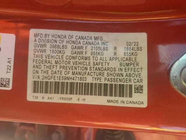 2HGFE1E59NH471803 - 2022 HONDA CIVIC SI ORANGE photo 12