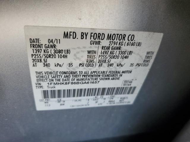 1FMHK8F86BGA61657 - 2011 FORD EXPLORER LIMITED Gris photo 12