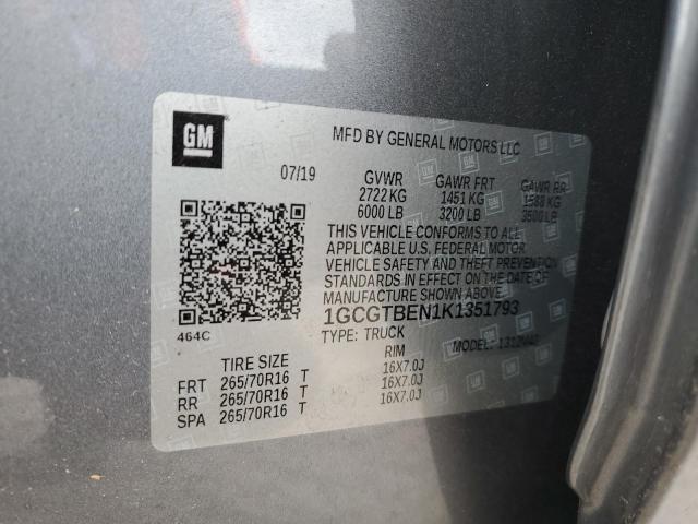 1GCGTBEN1K1351793 - 2019 CHEVROLET COLORADO GRAY photo 12