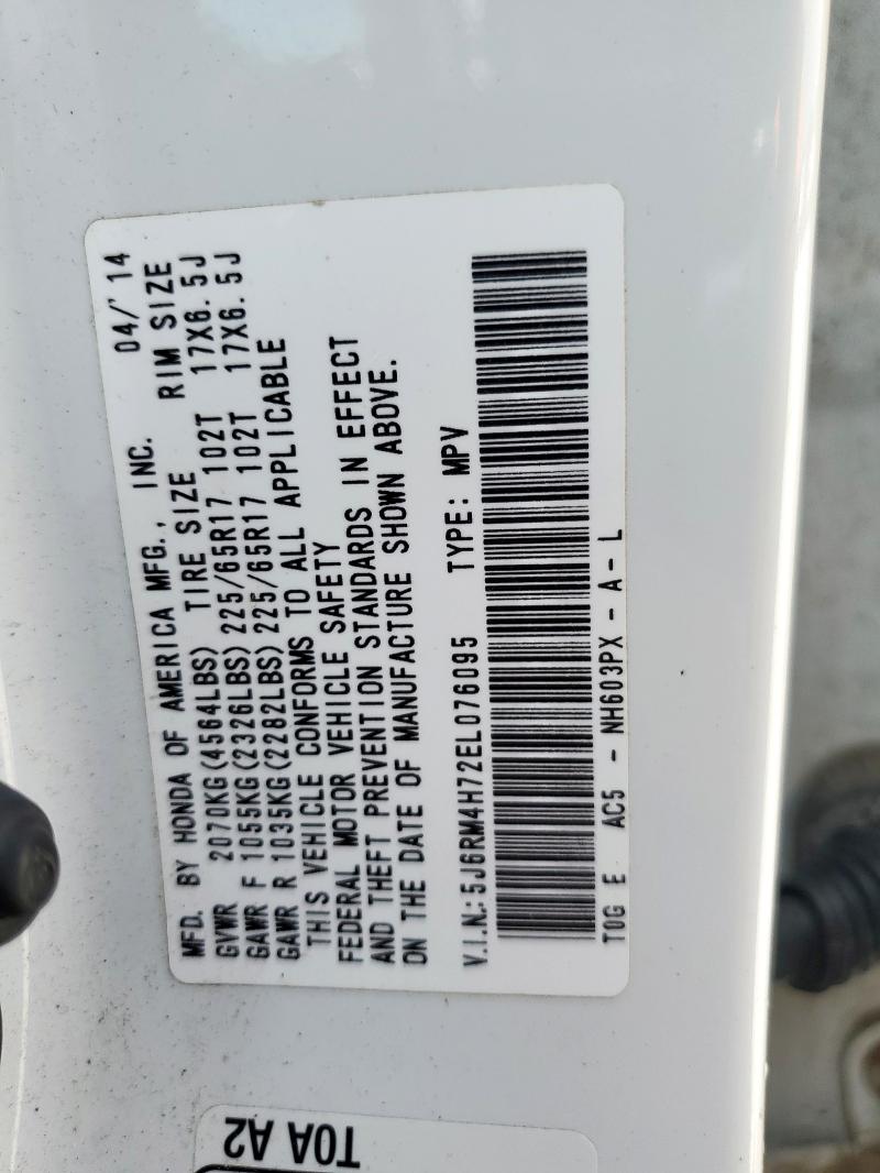 5J6RM4H72EL076095 - 2014 HONDA CR-V EXL WHITE photo 14