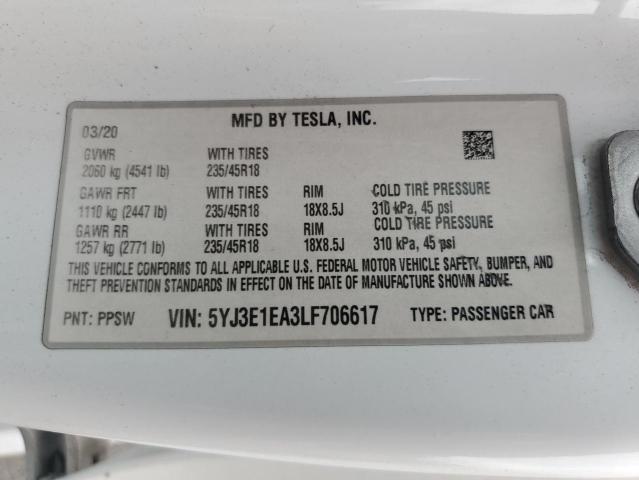 5YJ3E1EA3LF706617 - 2020 TESLA MODEL 3 Ağ foto 12