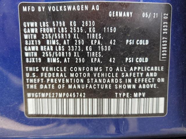 WVGTMPE27MP045742 - 2021 VOLKSWAGEN ID.4 PRO S BLUE photo 12