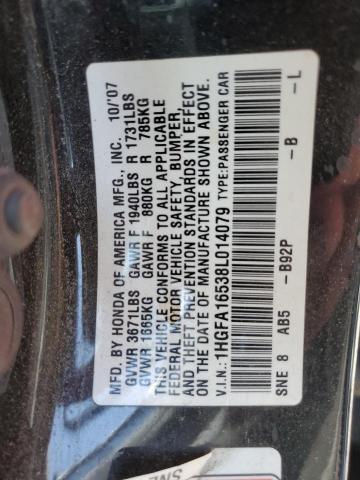 1HGFA16538L014079 - 2008 HONDA CIVIC LX BLACK photo 12