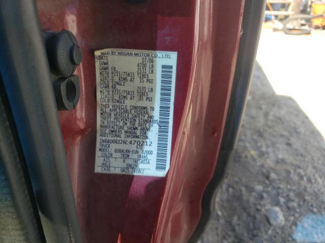 1N6BD06T26C470212 - 2006 NISSAN FRONTIER KING CAB XE BURGUNDY photo 12
