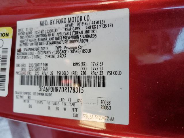 3FA6P0HR7DR178315 - 2013 FORD FUSION SE RED photo 12