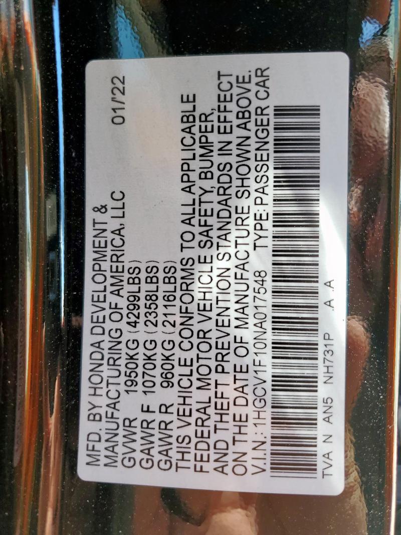 1HGCV1F10NA017548 - 2022 HONDA ACCORD LX BLACK photo 12