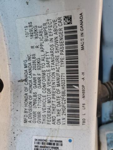 2HGFC2F68LH503771 - 2020 HONDA CIVIC LX WHITE photo 12