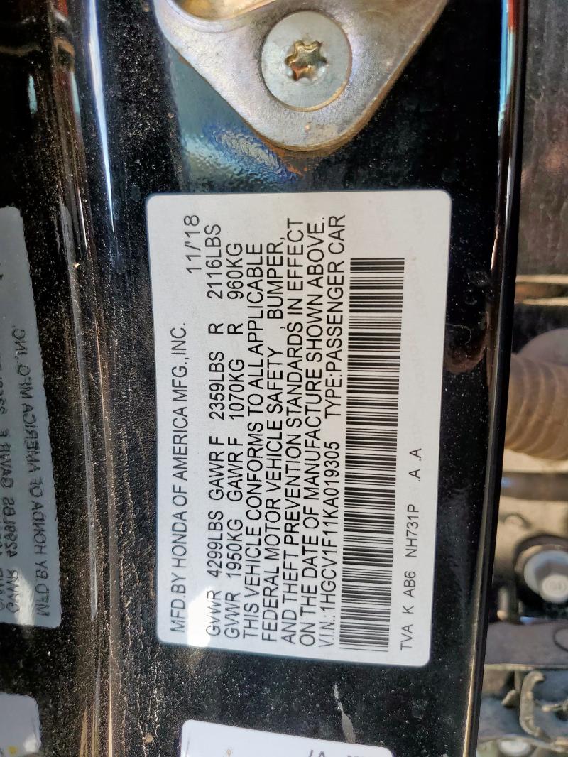 1HGCV1F11KA019305 - 2019 HONDA ACCORD LX შავი ფოტო 12