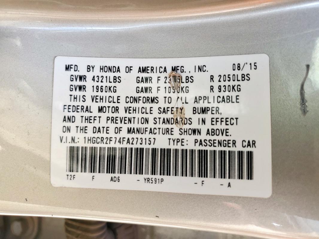 1HGCR2F74FA273157 - 2015 HONDA ACCORD EX 棕色 照片 12