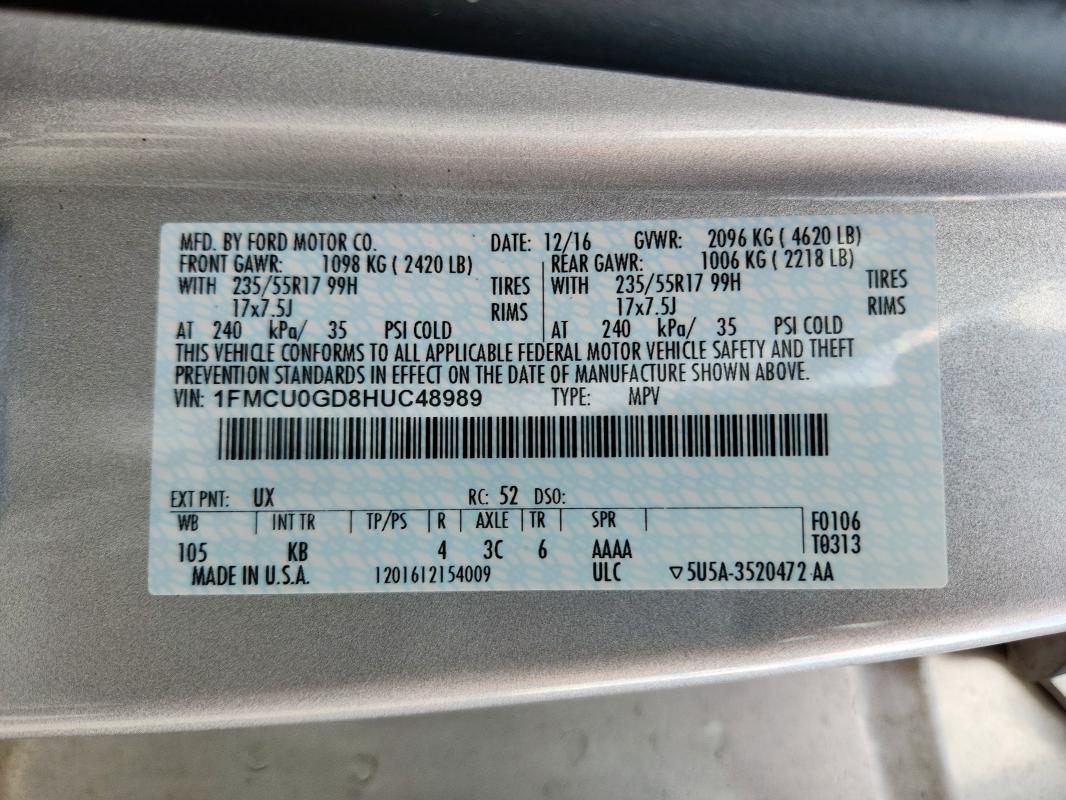 1FMCU0GD8HUC48989 - 2017 FORD ESCAPE SE SILVER photo 13