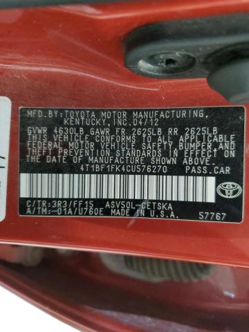 4T1BF1FK4CU576270 - 2012 TOYOTA CAMRY BASE BURGUNDY photo 12