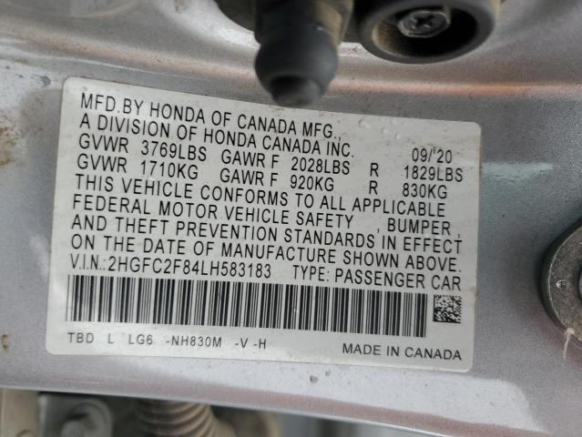 2HGFC2F84LH583183 - 2020 HONDA CIVIC SPORT SILVER photo 12