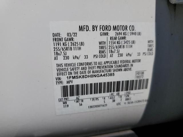 1FMSK8DH0NGA45385 - 2022 FORD EXPLORER XLT 白色 照片 13