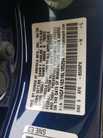 1HGFA16516L105204 - 2006 HONDA CIVIC LX BLUE photo 12